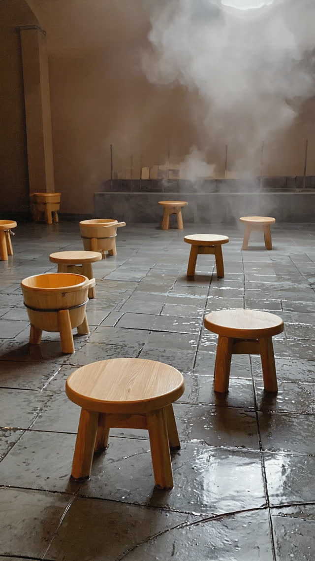 Low-angle shot of small wooden bath stools and buckets on wet tile floor of a sento, child's eye level perspective, warm gentle light, steam in air