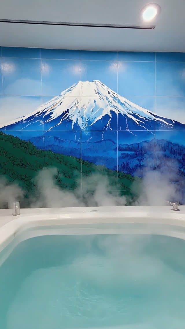 Upward view of a complete Mount Fuji bathhouse mural from tub level, snow-capped peak to wide base, vivid blues, sense of grandeur, gentle steam at frame bottom