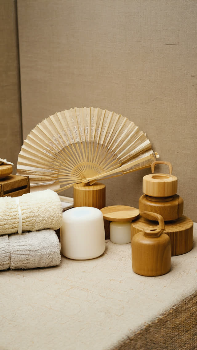 Cozy still life of everyday objects around a bandai booth, paper fan, wooden bath tokens, folded towels, lived-in warmth, soft nostalgic lighting