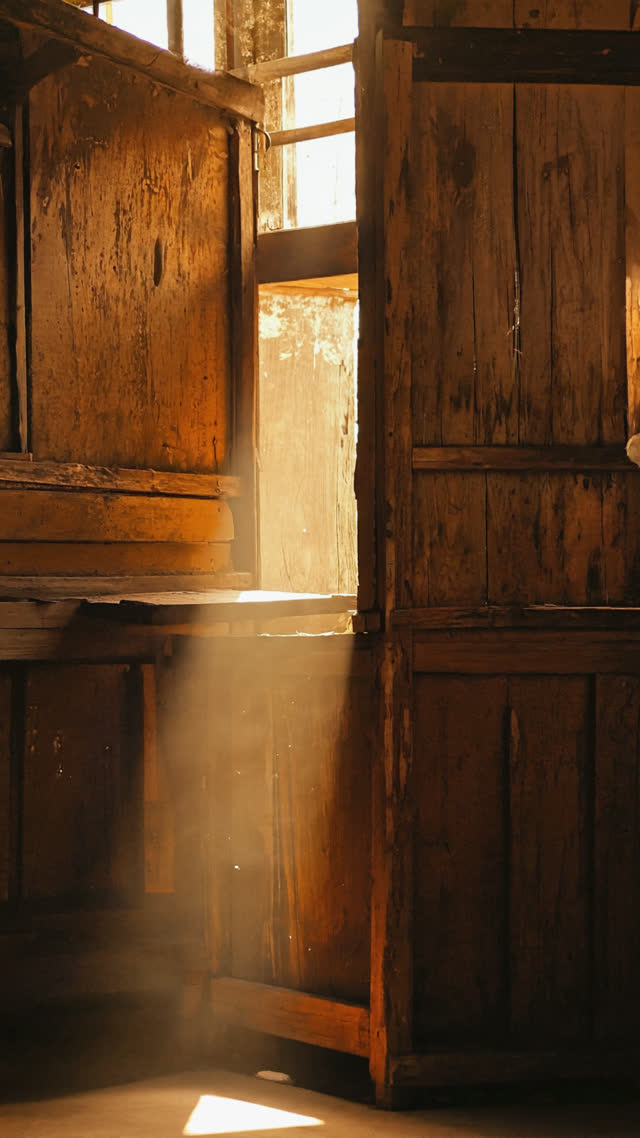 Golden hour sunbeam falling across an old wooden bandai booth, dust motes in light, deep shadows, reverent quiet atmosphere, cinematic composition