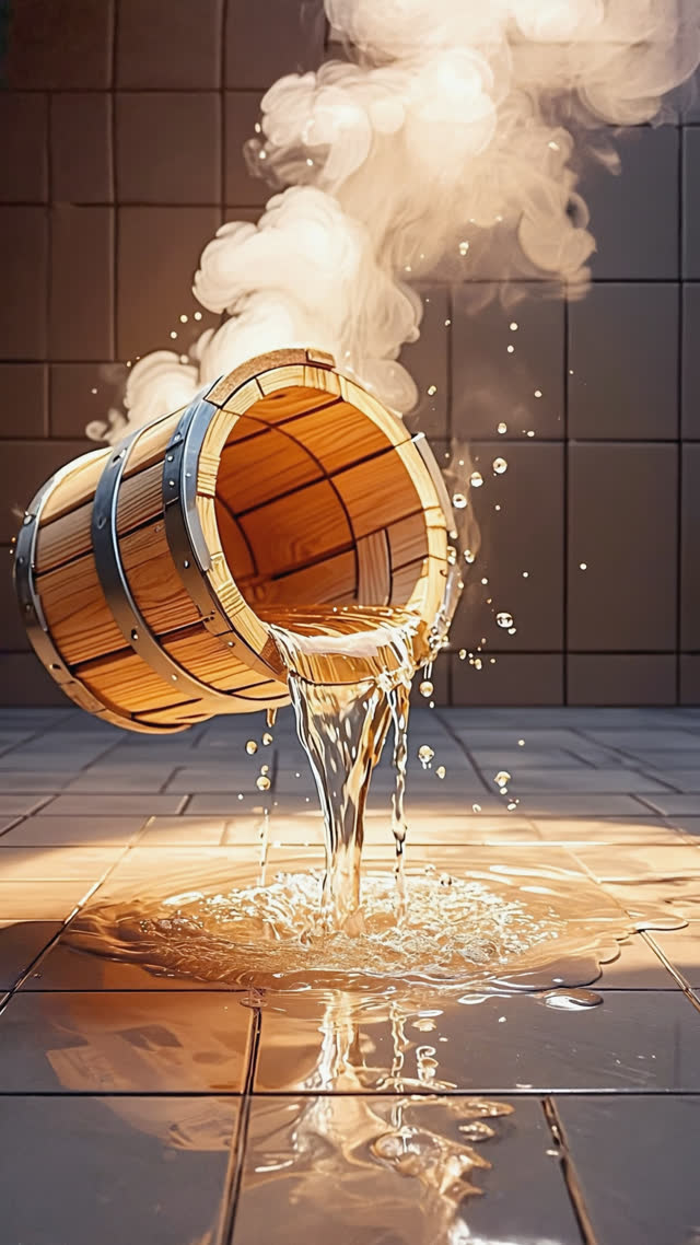 Hot water cascading from a tipped wooden bucket onto wet tile floor, splash frozen in motion, steam rising, dynamic close-up, warm light