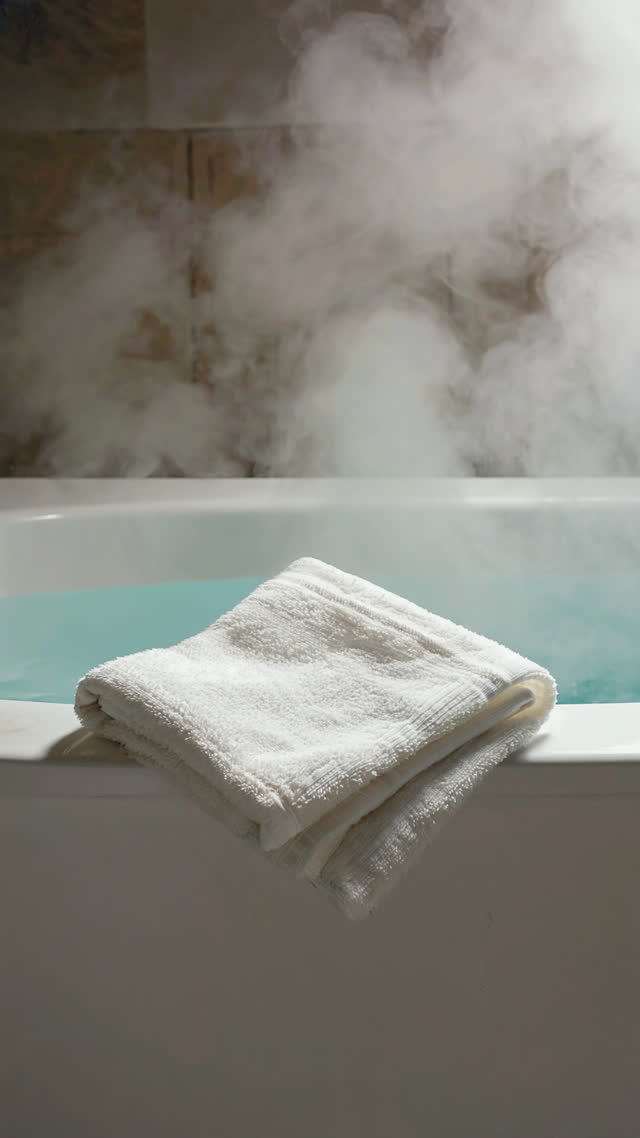 Neatly folded white tenugui towel placed on tub edge clearly above the waterline, steam over bath behind, instructional clarity, soft light