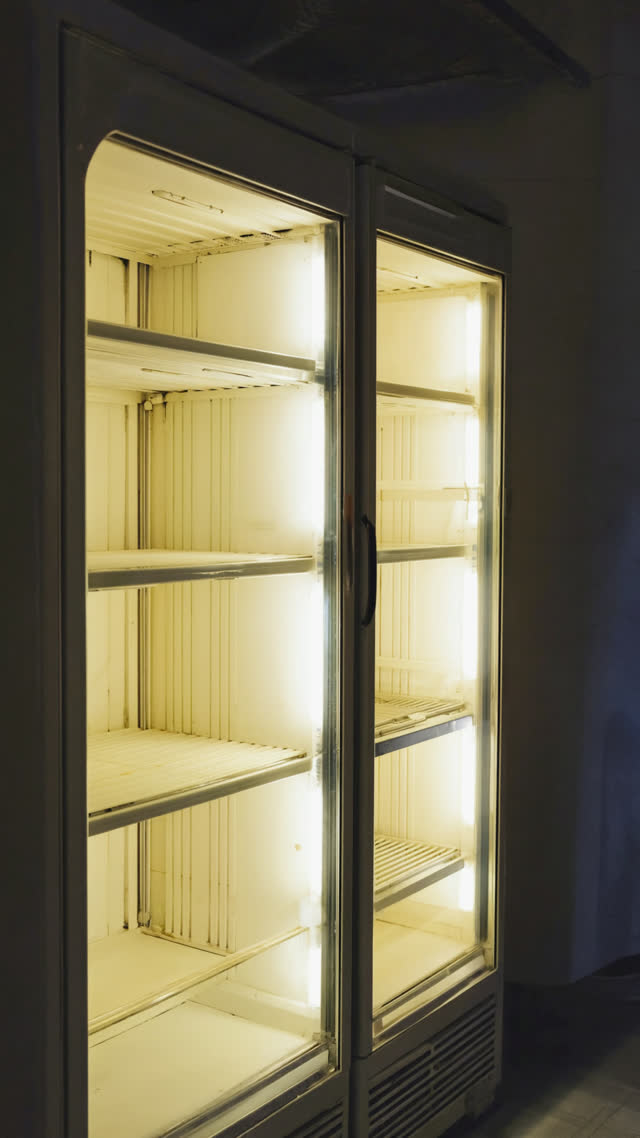 Glowing retro refrigerated glass display case in dim bathhouse lobby, interior light shining on shelves, humming vintage appliance presence