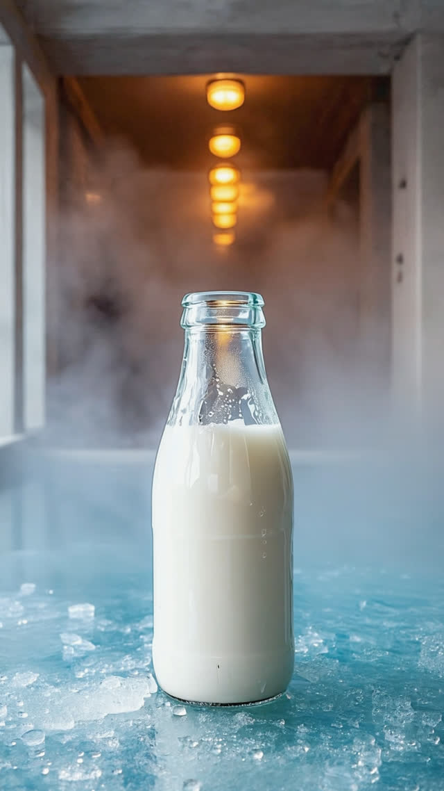 Cold glass milk bottle in sharp focus with steamy bath hall entrance blurred behind, contrast of icy condensation and warm steam, cinematic depth