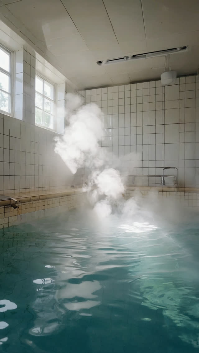 Steam rising from hot bathwater as morning light pours into tiled bath hall, hopeful luminous atmosphere, sense of renewal and continuity