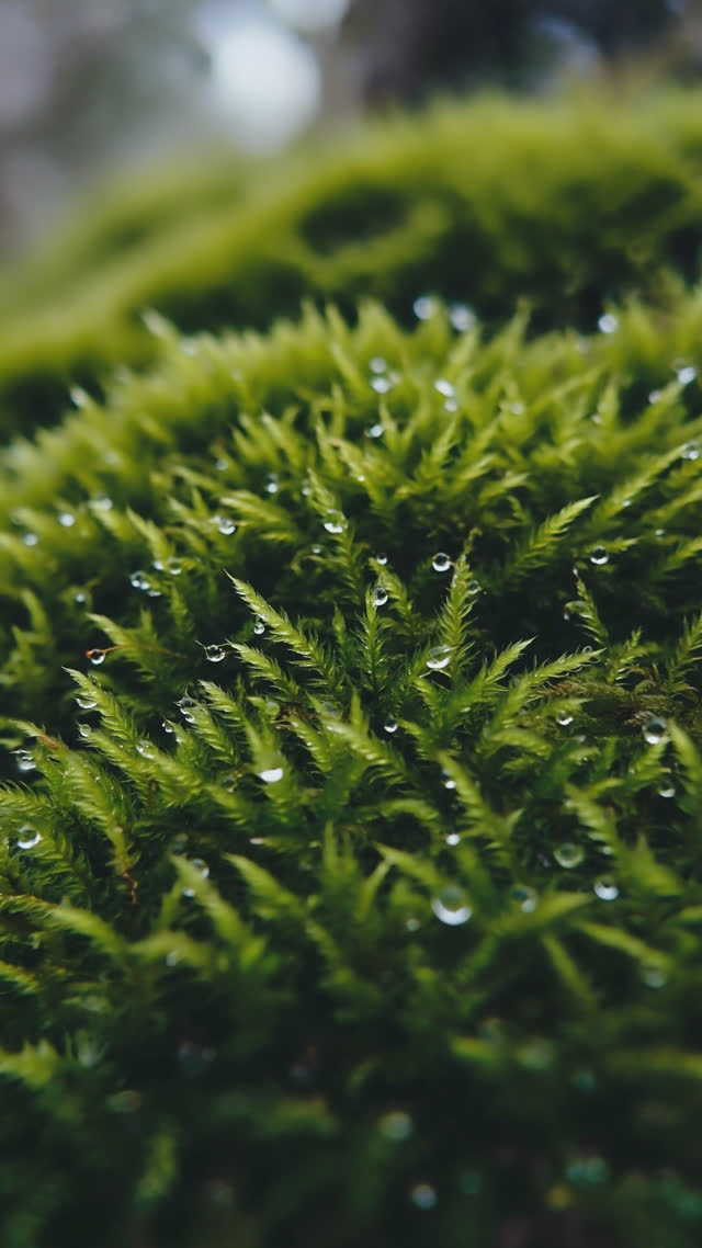 Extreme close-up of dense velvety green moss with tiny dew drops, dappled light filtering through trees, photorealistic documentary photograph, natural soft light, muted…