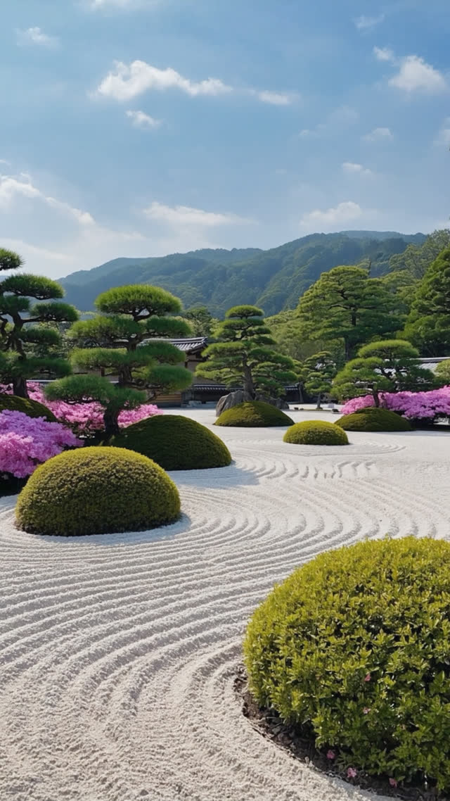 A flawless Japanese landscape garden with sweeping white gravel, sculpted azalea mounds and pines against soft hills, immaculate, photorealistic documentary photograph, natural…