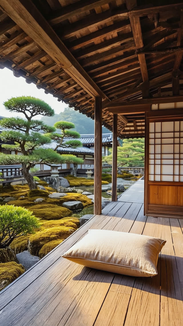 A cushion on a wooden veranda facing a beautiful Japanese garden, the best seat in the house, warm inviting light, photorealistic documentary photograph, natural soft light,…