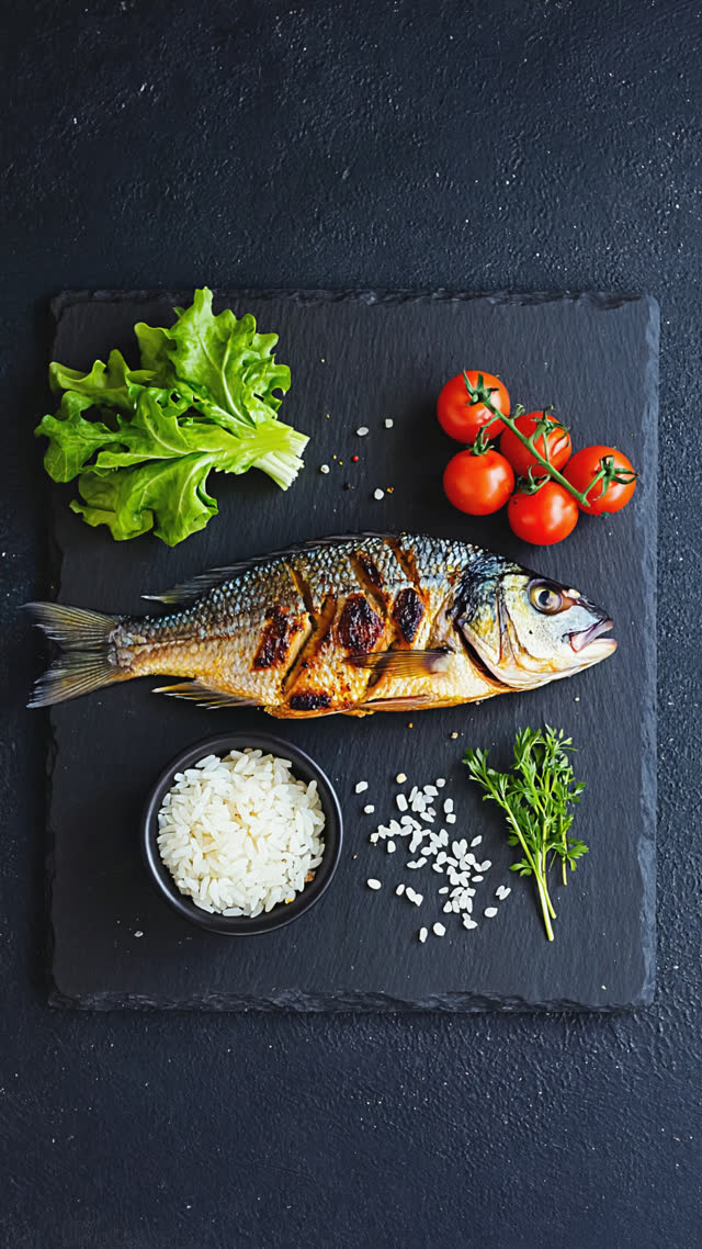 Overhead still life of a whole grilled fish, fresh vegetables and raw rice arranged separately on dark slate, ingredient-focused, dramatic soft light
