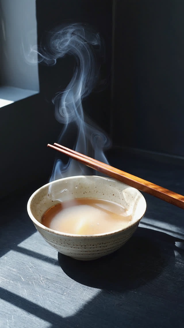 A single soup bowl and chopsticks in a beam of soft window light, steam rising, contemplative minimal still life, dark background