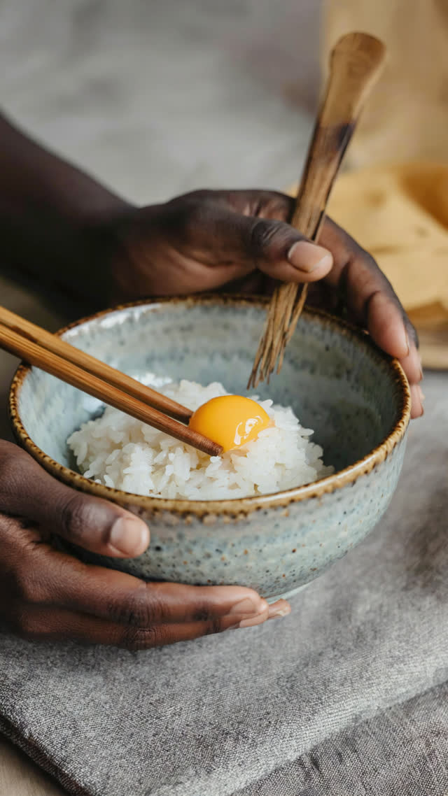 A rice bowl cradled comfortably in one hand with chopsticks in the other, close-up on hands, glossy rice visible, warm homely light
