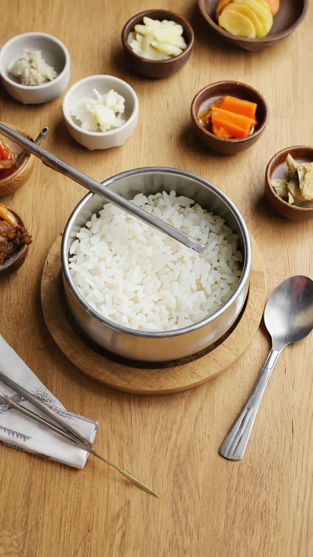 Overhead of a Korean table setting with stainless rice bowl resting on the table, long-handled spoon and chopsticks beside it, banchan side dishes, respectful elegant styling
