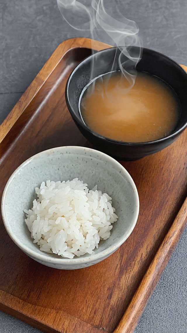 Top-down close-up of a white rice bowl at front-left and dark miso soup bowl at front-right on a wooden tray, precise geometry, steam over the soup