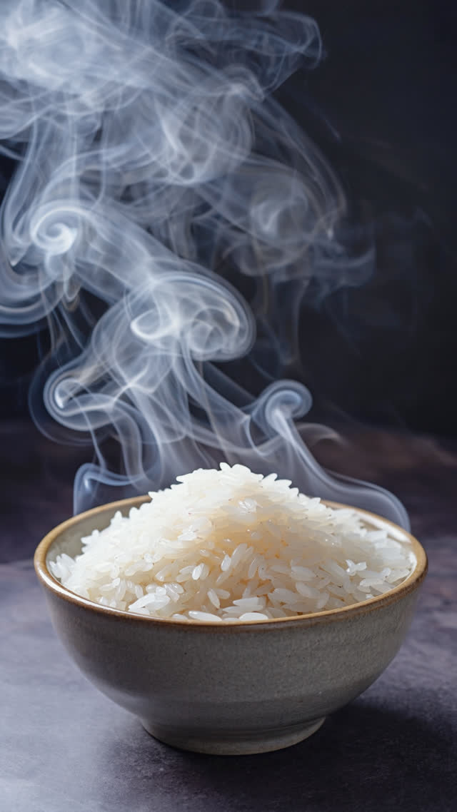 Freshly steamed white rice glistening in a ceramic bowl, individual grains in sharp macro, rising steam backlit, deep dark background, hero shot
