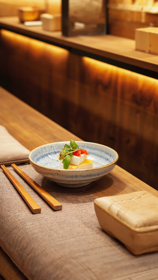 Small appetizer bowl placed beside folded chopsticks and a cushion at an izakaya counter seat, composition pairing the dish with the seat, warm inviting light