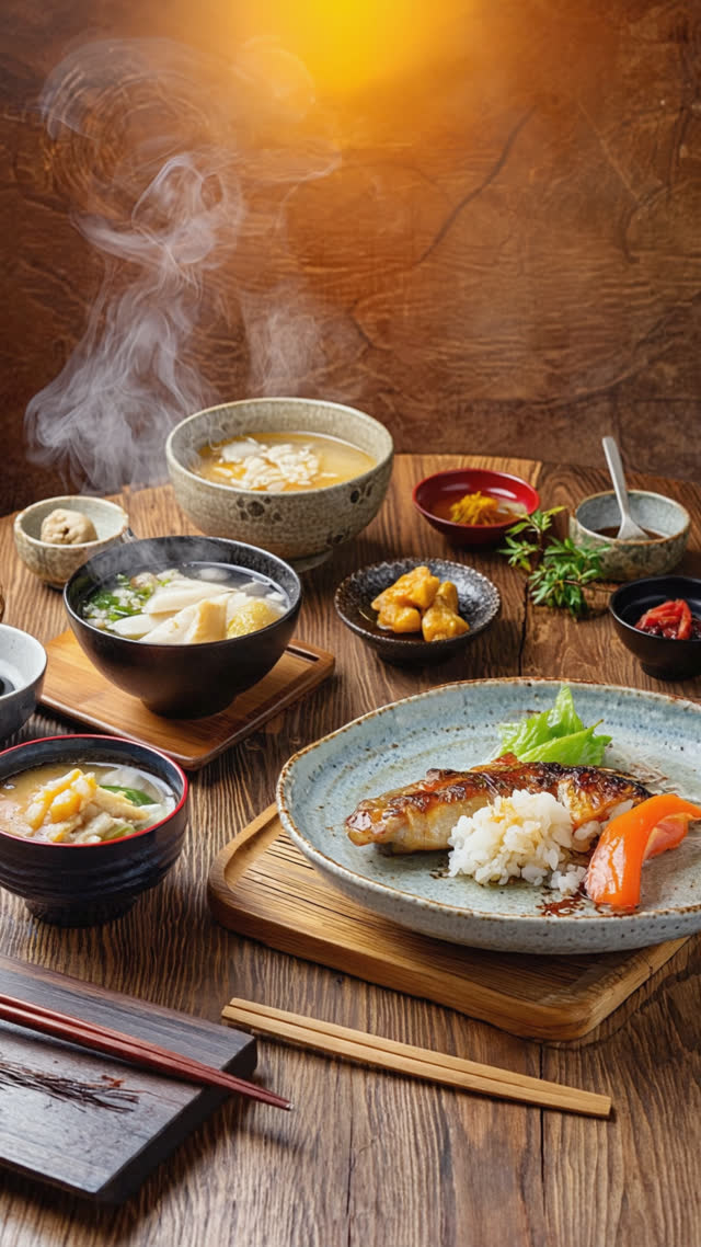 Complete home-cooked Japanese dinner steaming on a low wooden table, the arrival point of all the effort, warm golden light, inviting
