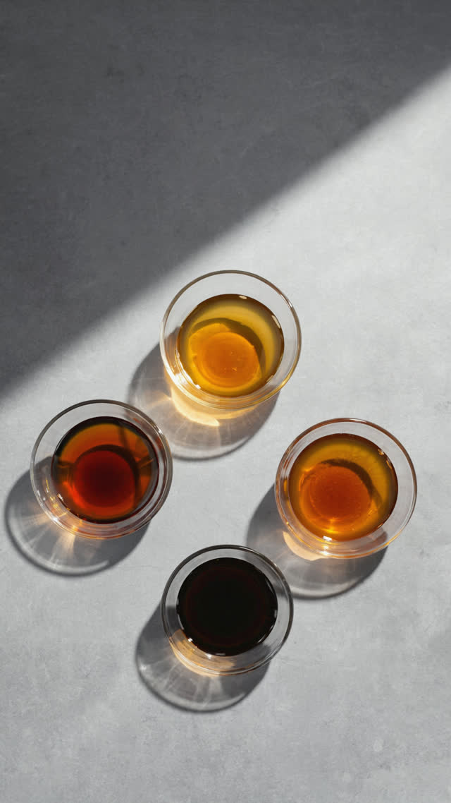 Five glass vessels in a row holding miso, soy sauce, mirin, rice vinegar and sake, a gradient from pale amber to near black, dark backdrop, studio side light