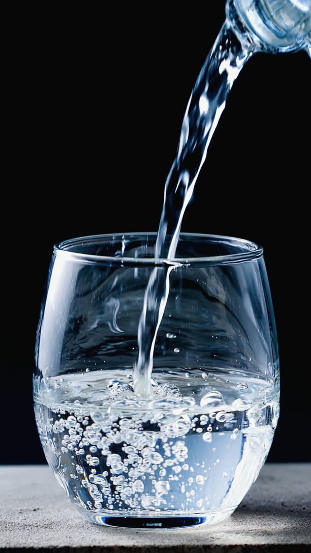 Backlit close-up of clear sake pouring into a glass, luminous liquid ribbon and tiny bubbles, dark background, crisp highlights