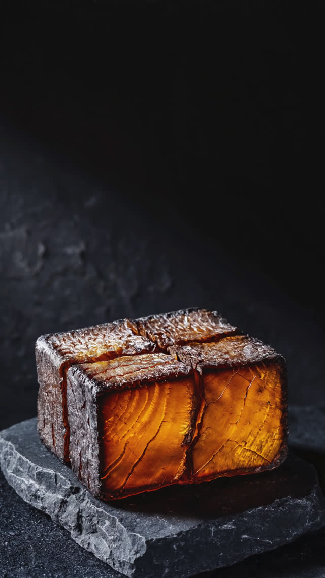 Block of dried bonito resting on black stone, looking exactly like weathered driftwood, hard cracked surface, dramatic low side light, dark background, macro texture