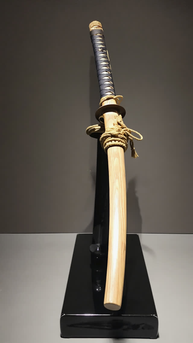 Japanese sword in plain wooden shirasaya resting on a black lacquer stand, dark museum backdrop, single soft spotlight, serene still life