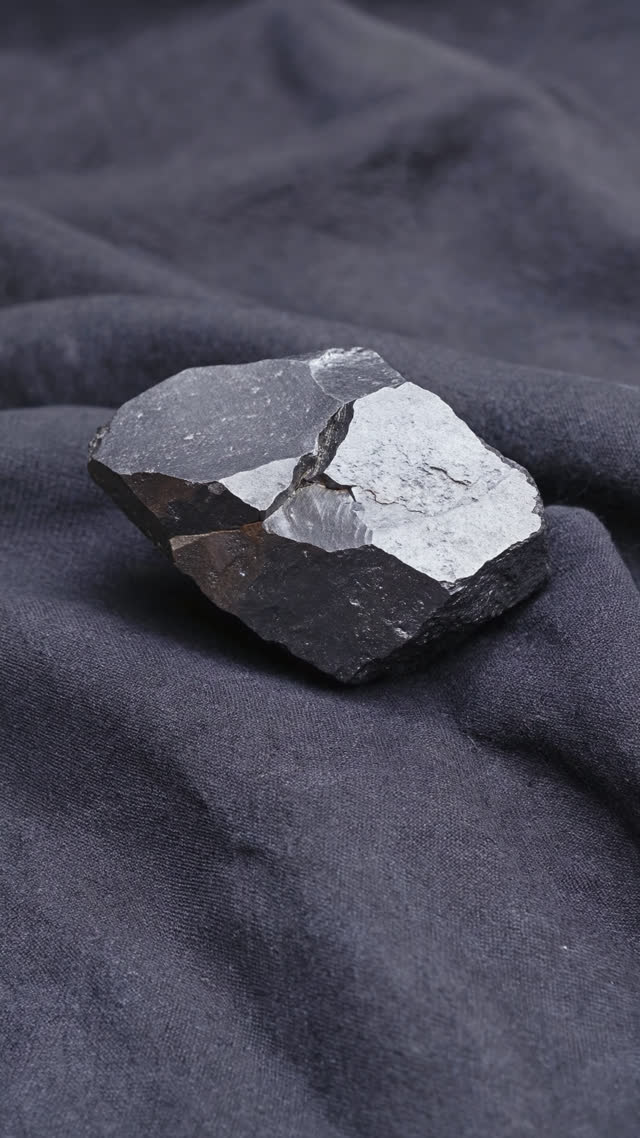 A rough chunk of raw tamahagane steel on dark cloth, dull grey iron with a matte rough surface, only the fractured face showing a subtle silvery crystalline sheen, photorealistic…