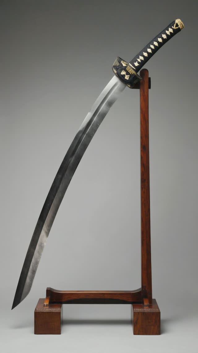 A Japanese katana blade resting horizontally on a simple two-prong wooden display rack, soft even museum lighting, a misty white hamon temper line visible along the cutting edge,…