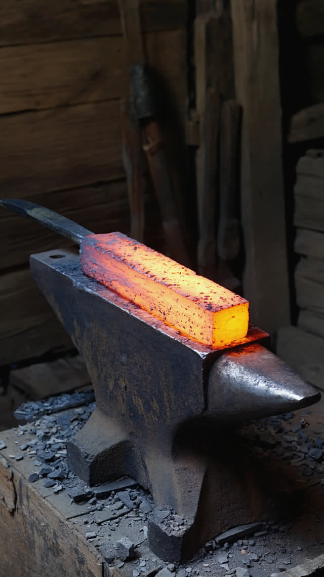 A glowing orange-hot steel billet resting on a blackened anvil in a dark traditional Japanese smithy, realistic reportage photograph, ambient darkness with natural forge light…