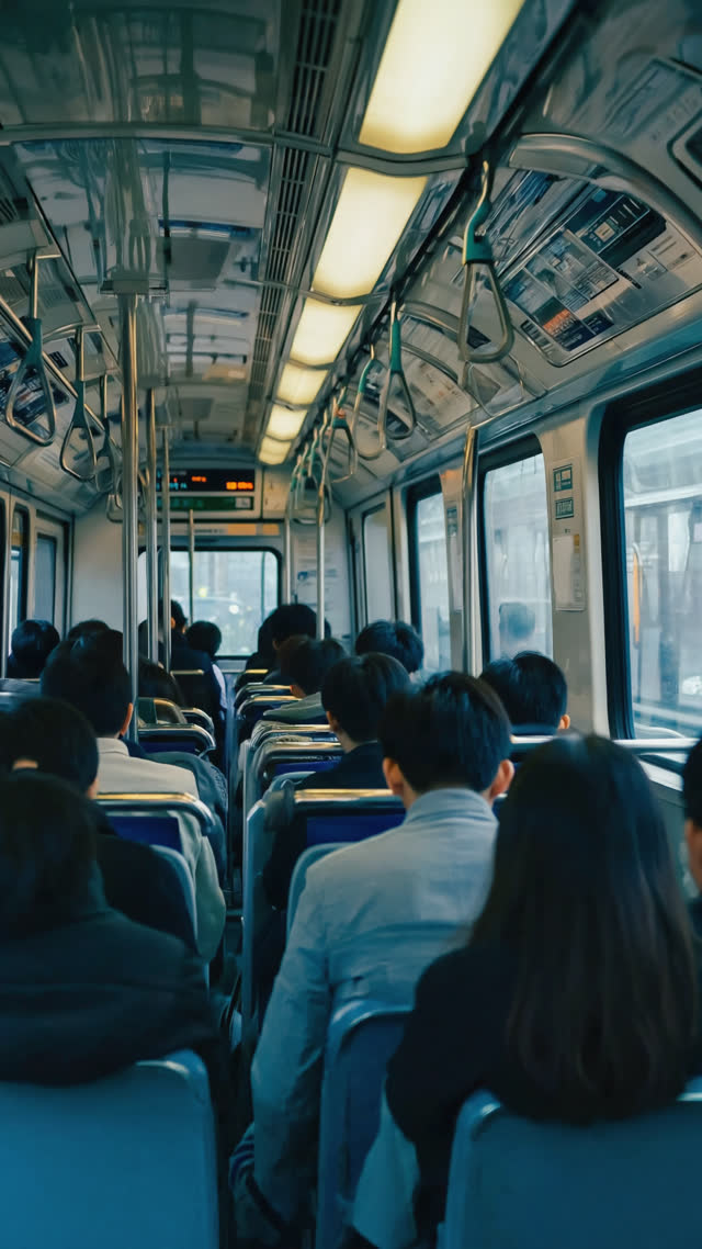 Packed Tokyo train interior photographed from the rear, rows of commuters from behind, soft window light, stillness and order, no visible faces