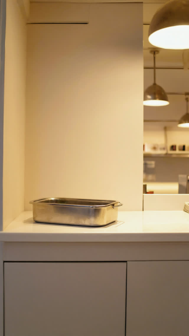 Small cash tray sitting alone on a minimal shop counter, warm light, shallow focus, quiet retail atmosphere