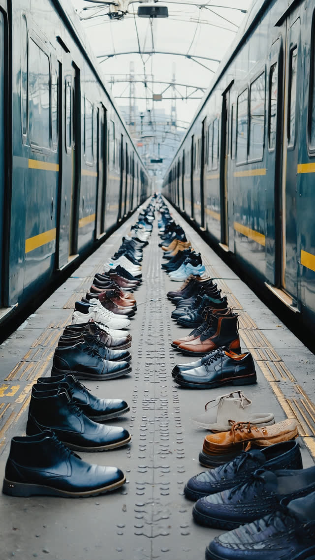 Rows of commuters' shoes forming two neat lines on a train platform, seen from knee height, soft morning light