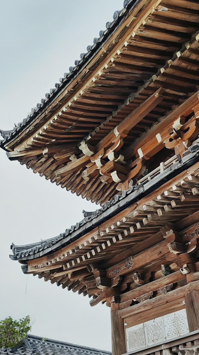 Looking up at the interlocking wooden beams and brackets of an old Japanese temple eave, complex joinery visible, weathered timber, photorealistic documentary photograph, natural…