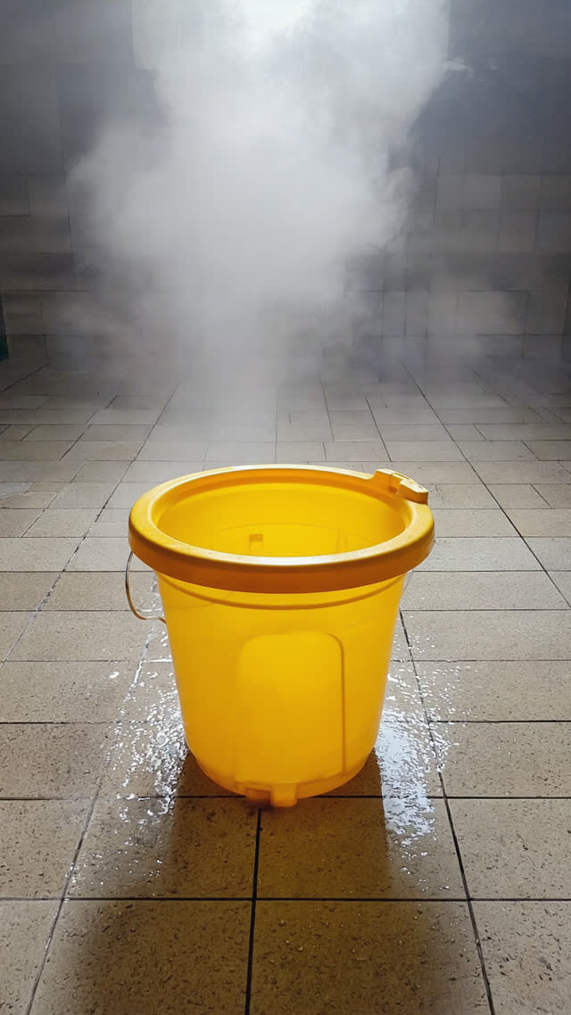 Single bright yellow bath bucket centered on wet tile floor of steamy Japanese bathhouse, dramatic spotlight feel, vivid yellow against muted tiles