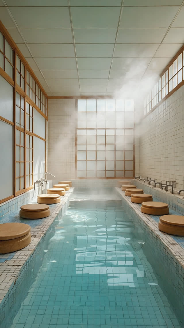 Wide serene view of Japanese sento bath hall, still clear bathwater and tiled washing stations, gentle steam, pristine calm before bathing