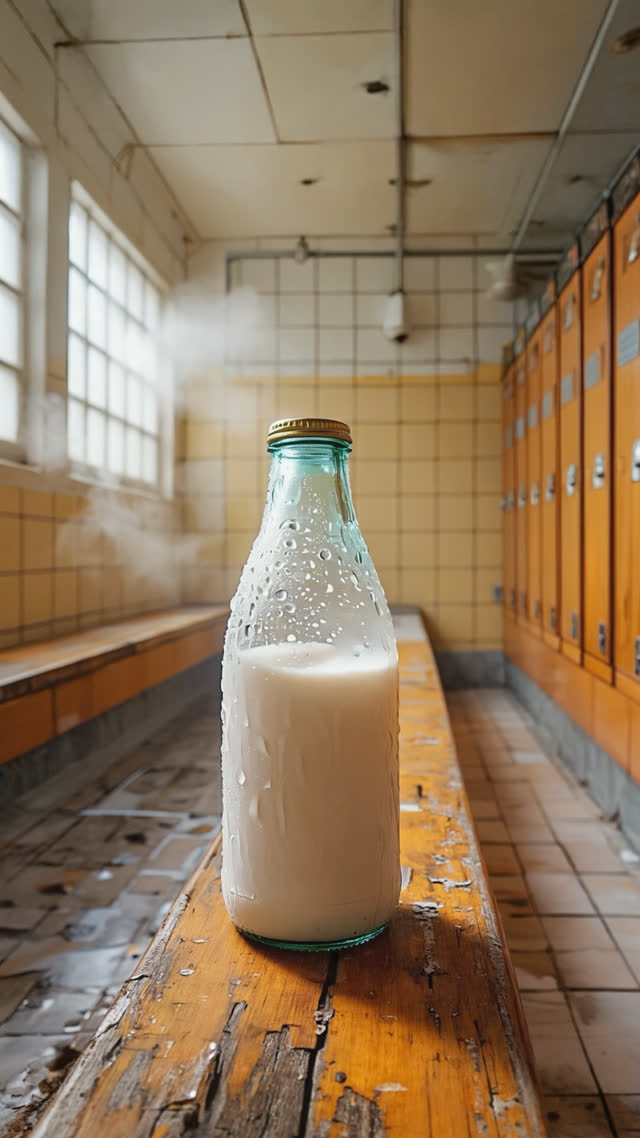 Single glass milk bottle with condensation droplets on a wooden bench in retro bathhouse changing room, cold and inviting, warm nostalgic backdrop
