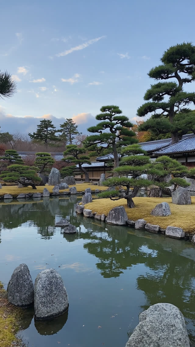 A serene Japanese garden with a pond, carefully placed stones and pruned pines, calm morning light, wide composed view, photorealistic documentary photograph, natural soft light,…