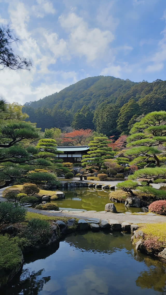 A Japanese pond garden with a forested mountain rising directly behind it, garden and mountain composed as one scene, photorealistic documentary photograph, natural soft light,…