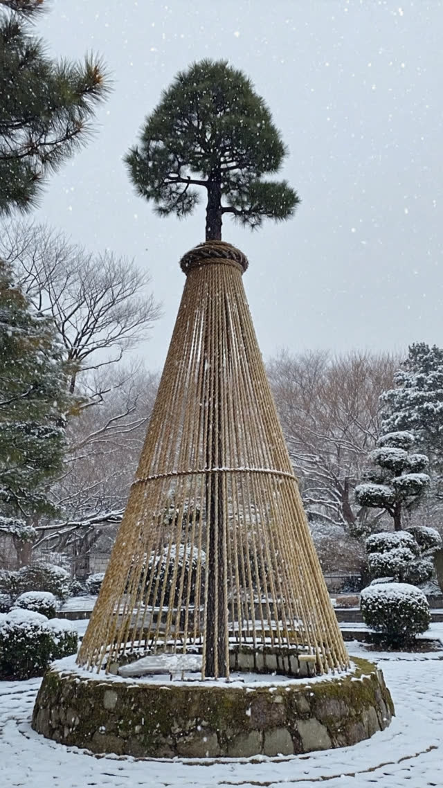 A majestic pine tree under a tall cone of straight ropes in a Japanese garden, light snow beginning to fall, winter stillness, photorealistic documentary photograph, natural soft…