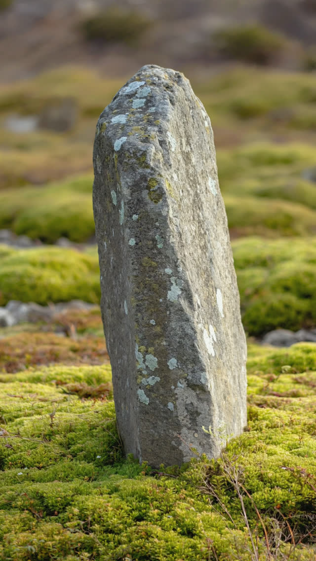Portrait of a single weathered standing stone rising from moss, strong quiet presence, soft side light, photorealistic documentary photograph, natural soft light, muted realistic…