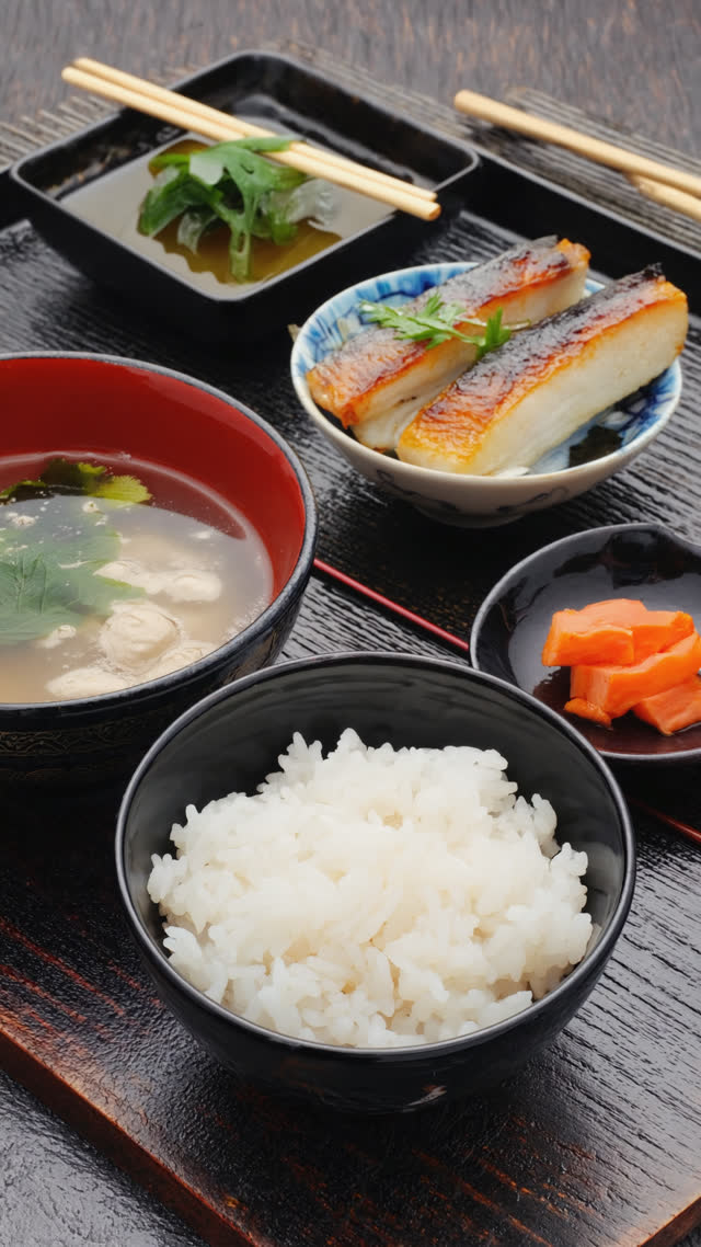 Steaming traditional Japanese teishoku set meal — rice, miso soup, grilled fish, small sides — untouched on dark wood, quiet morning light