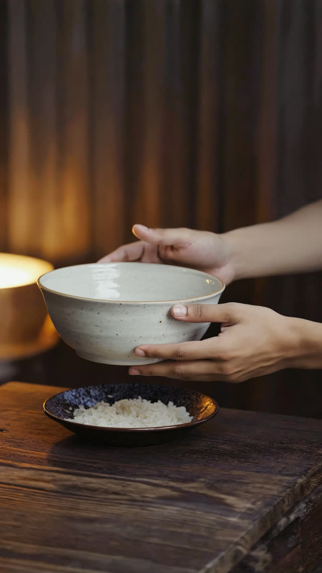 Hands mid-motion lifting a ceramic rice bowl slightly off a dark table, side view, frozen moment, warm light, cropped below shoulders