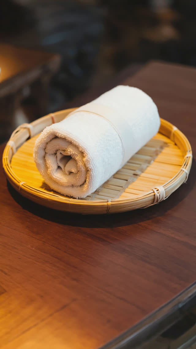 Rolled white hand towel on a small bamboo tray on a dark wooden restaurant table, tight angled close-up, visible fabric weave, soft warm light