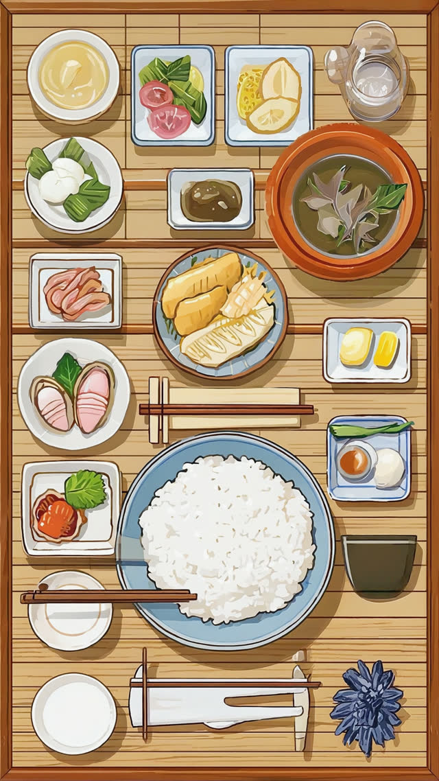 Overhead view of a complete Japanese teishoku meal on a tray, rice, soup and side dishes in precise arrangement, graphic map-like top-down composition, natural light